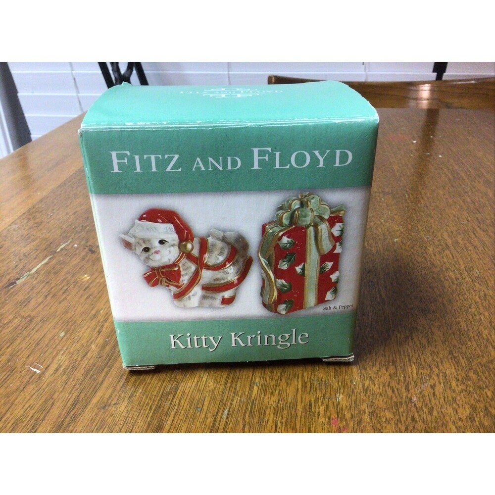 FITZ & FLOYD Kitty Kringle Christmas Salt & Pepper Shakers Cat & Present *In Box